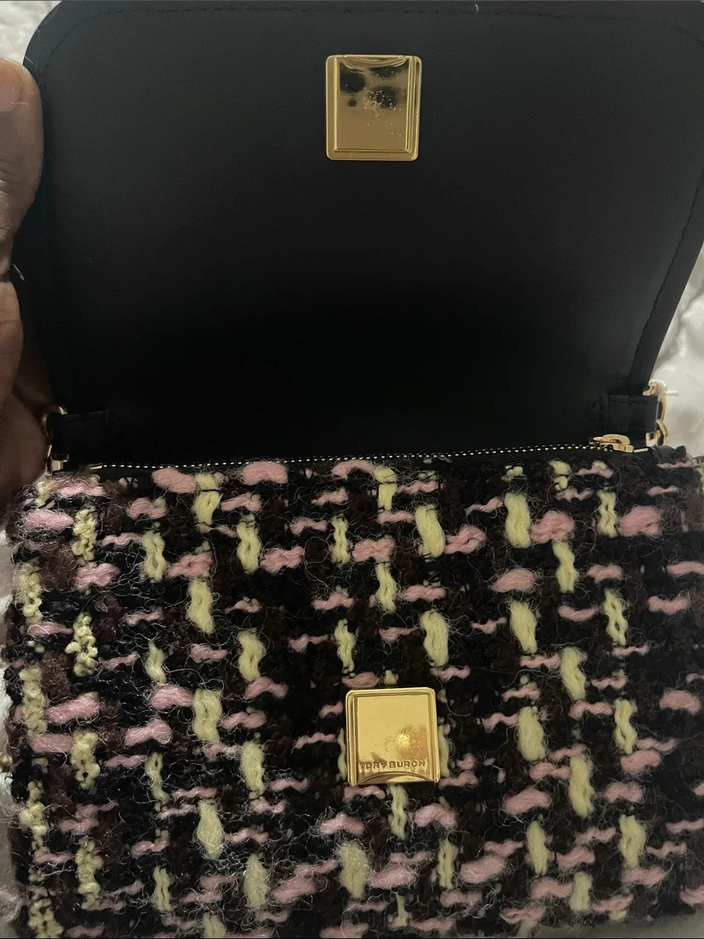 Tory Burch Black, Pink & Cream Tweed Chain Crossbody